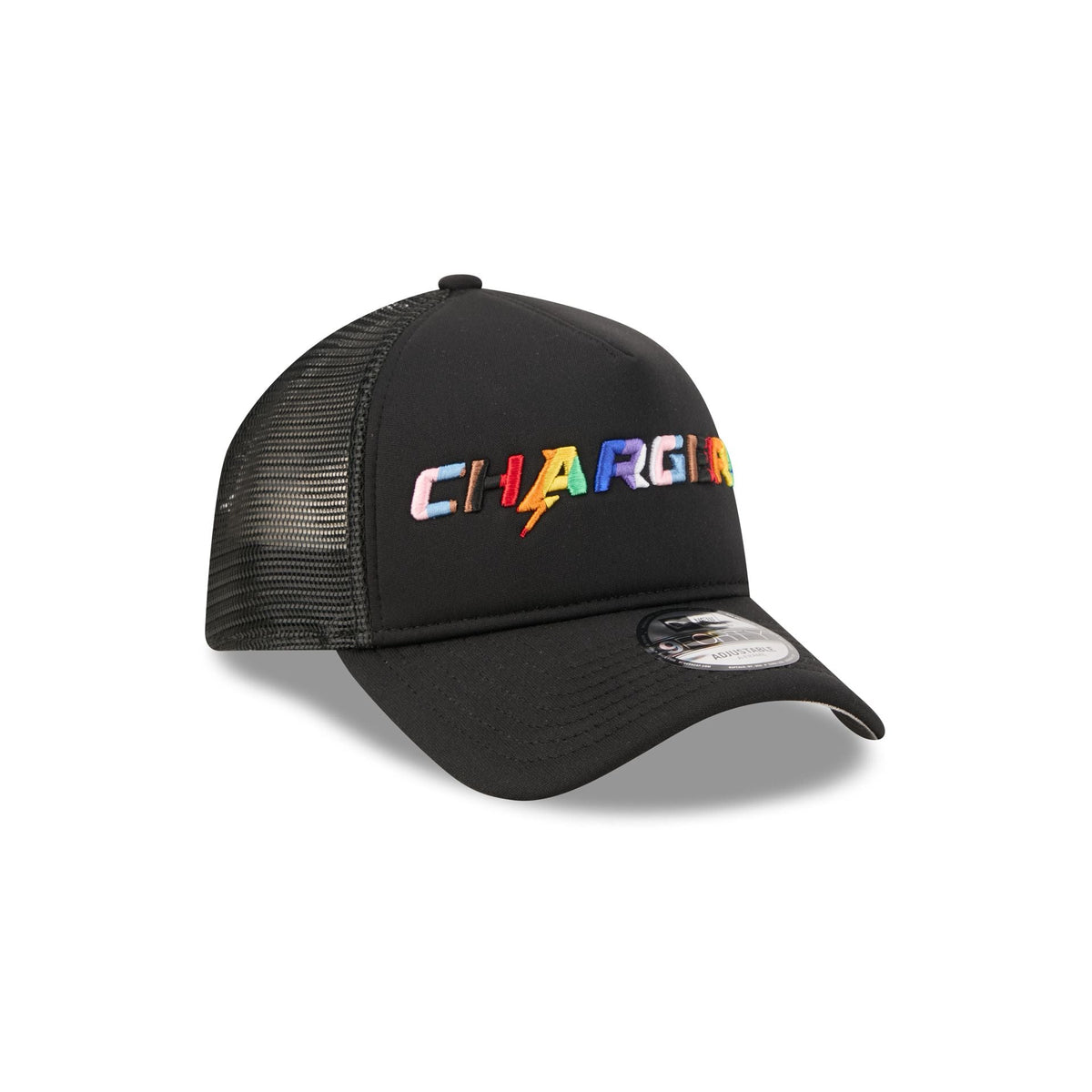 Los Angeles Chargers Rainbow Wordmark 9FORTY A-Frame Trucker Hat