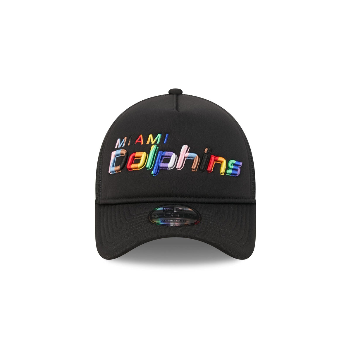 Miami Dolphins Rainbow Wordmark 9FORTY A-Frame Trucker Hat