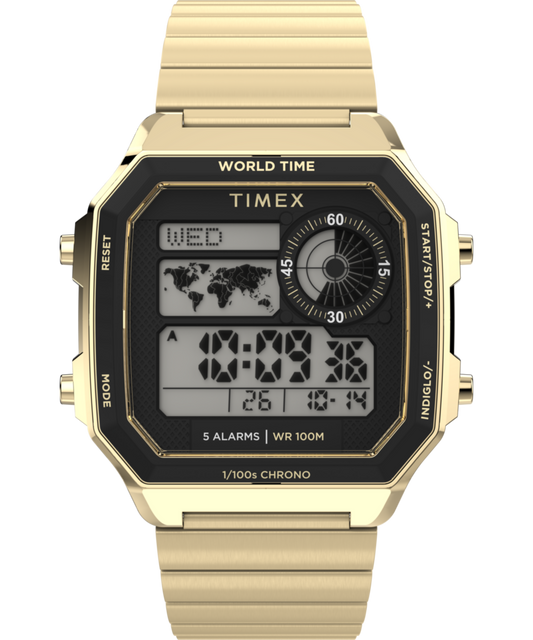 World Time Digital 40mm Stainless Steel Bracelet Watch